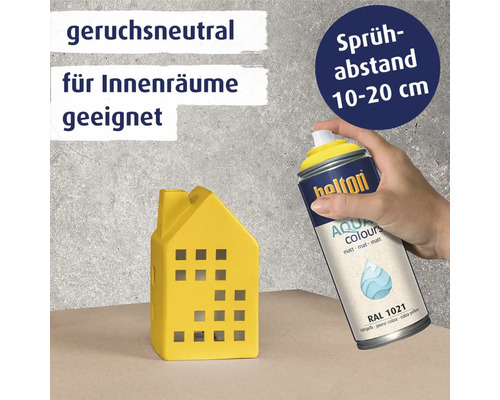 Eine Hand sprüht mit einer Belton Aqua Colors Lackspraydose auf ein gelbes Dekohaus, mit Hinweisen zu Geruchsneutralität und Sprühabstand.