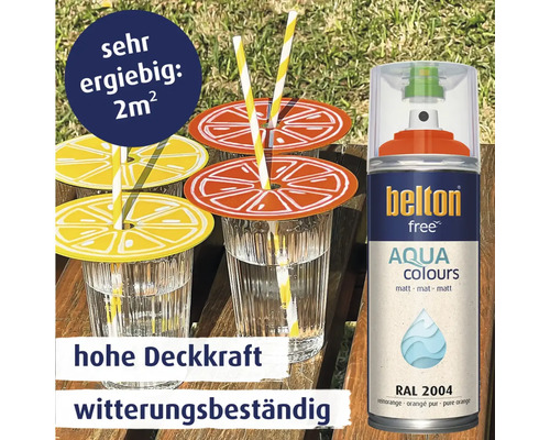 belton free Aqua Colours Sprühlack in reinorange RAL 2004, matte wasserbasierte Farbe für 2 Quadratmeter, hohe Deckkraft und witterungsbeständig.