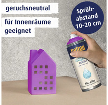 Eine Hand hält eine Belton Aqua Spraydose um ein kleines Deko Haus zu besprühen. Informationen zu Geruchsneutralität und Sprühabstand sind vorhanden.