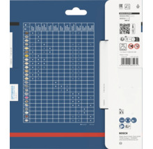 Tableau de compatibilité des lames de scie Bosch Expert sur un emballage de produit avec matrice d'application pour divers matériaux.