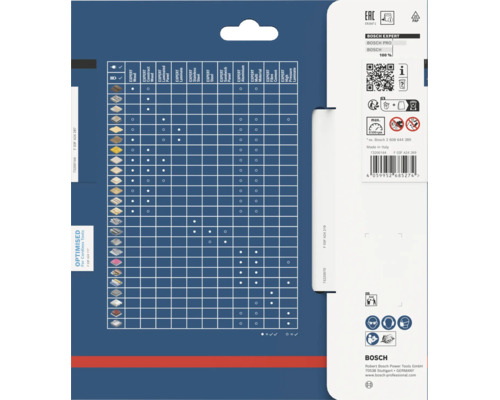 Tableau de compatibilité des lames de scie Bosch Expert sur un emballage de produit avec matrice d'application pour divers matériaux.