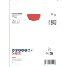 Dos d'un emballage de disque à tronçonner Bosch Expert avec consignes de sécurité, caractéristiques techniques et pictogrammes d'utilisation.