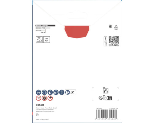 Dos d'un emballage de disque à tronçonner Bosch Expert avec consignes de sécurité, caractéristiques techniques et pictogrammes d'utilisation.
