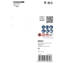 Informations et consignes de sécurité pour accessoires Bosch avec code-barres, détails du fabricant et pictogrammes pour protection et usage.