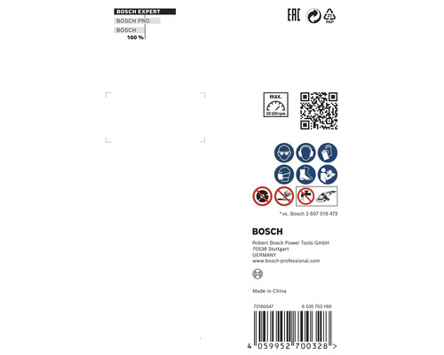 Informations et consignes de sécurité pour accessoires Bosch avec code-barres, détails du fabricant et pictogrammes pour protection et usage.