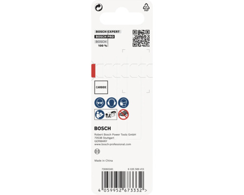 Dos de l emballage pour accessoires Bosch Expert avec consignes de sécurité, marquage carbure et informations sur le fabricant.