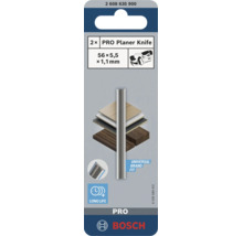 Deux fers de rabot Bosch PRO aux dimensions 56 par 5,5 par 1,1 millimètres pour rabots électriques sur blister.