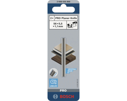 Deux fers de rabot Bosch PRO aux dimensions 56 par 5,5 par 1,1 millimètres pour rabots électriques sur blister.