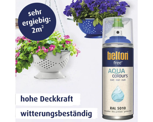 Belton Free Aqua Colours Sprühlack in Enzianblau für 2 Quadratmeter, witterungsbeständiger matter Lack mit hoher Deckkraft.