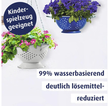 Zwei als Blumenampel umfunktionierte Siebe mit blühenden Pflanzen, ausgezeichnet für Kinderspielzeug geeignet und wasserbasiert.