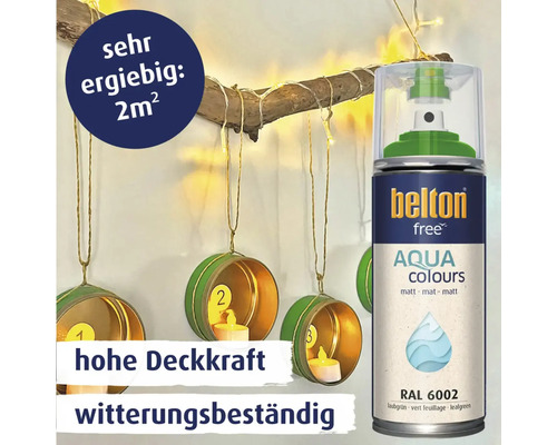 belton free Aqua Colours Sprühlack in Laubgrün RAL 6002 für 2 Quadratmeter Reichweite mit hoher Deckkraft und Witterungsbeständigkeit