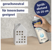 Belton Aqua Sprühlack matt lichtgrau RAL 7035 zum Lackieren eines dekorativen Keramikhauses für Innenräume mit Hinweisen zur Anwendung.