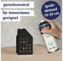 Holton Aqua Colours Sprühlack in Tiefschwarz zum Besprühen eines kleinen Deko Hauses mit Anwendungshinweisen zu Sprühabstand und Innenraumgebrauch.