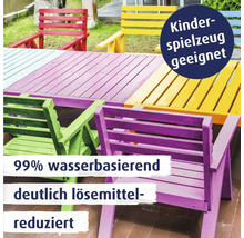 Mehrfarbige Gartenmöbel aus Holz mit wasserbasierter, lösemittelreduzierter Farbe gestrichen, geeignet für Kinderspielzeug.