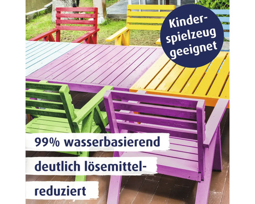 Mehrfarbige Gartenmöbel aus Holz mit wasserbasierter, lösemittelreduzierter Farbe gestrichen, geeignet für Kinderspielzeug.