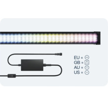 Barre lumineuse LED avec bloc d alimentation et câble électrique ainsi qu un aperçu des types d adaptateurs de prise internationaux.