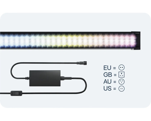 Barre lumineuse LED avec bloc d alimentation et câble électrique ainsi qu un aperçu des types d adaptateurs de prise internationaux.