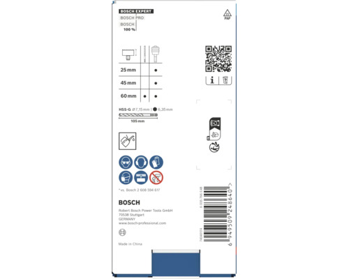 Rückseite der Verpackung eines Bosch Expert Lochsägen Sets mit technischen Spezifikationen und Sicherheitshinweisen.