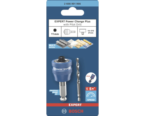 Bosch Expert Power Change Plus Lochsägenaufnahme mit Zentrierbohrer für Durchmesser 14 bis 210 Millimeter.