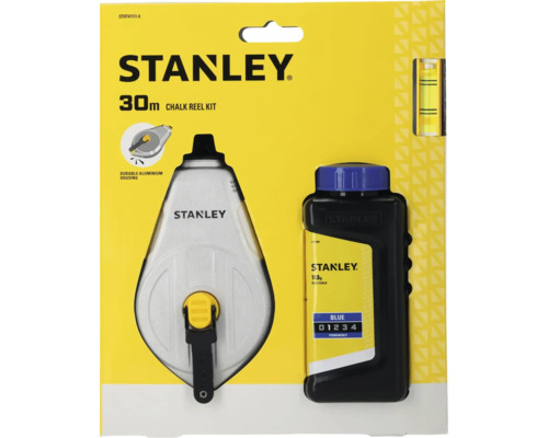 Stanley Schlagschnur Set mit 30 Meter Schnur und blauer Markierkreide in einer Verpackung.
