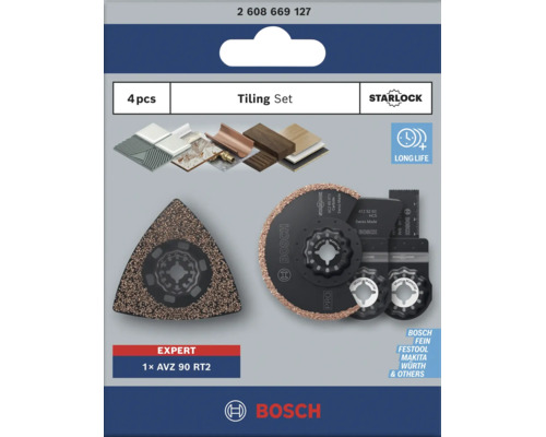 Set de carrelage Bosch Starlock avec 4 accessoires pour outils multifonctions pour poncer et couper divers matériaux.