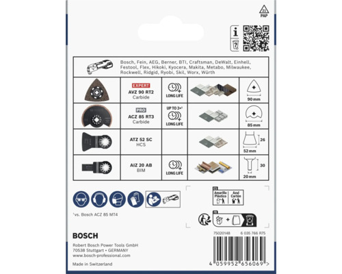 Jeu d accessoires pour outil multifonction Bosch avec divers embouts Starlock pour différents matériaux incluant un aperçu technique.