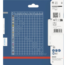 Rückseite der Produktverpackung eines Bosch Expert Kreissägeblattes mit Anwendungstabelle und Sicherheitshinweisen.