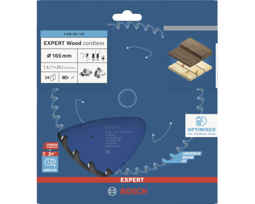 Lame de scie circulaire Bosch Expert Wood cordless de 165 millimètres de diamètre pour scies circulaires sans fil dans son emballage.