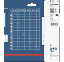 Dos de l'emballage de lame de scie circulaire Bosch Expert avec tableau d'application pour divers matériaux et données techniques.