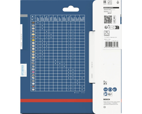 Dos de l'emballage de lame de scie circulaire Bosch Expert avec tableau d'application pour divers matériaux et données techniques.