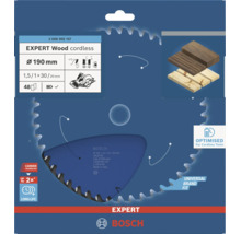 Bosch Expert Wood cordless Kreissägeblatt mit 190 Millimeter Durchmesser und 48 Zähnen für Akkuhandkreissägen in Verpackung.