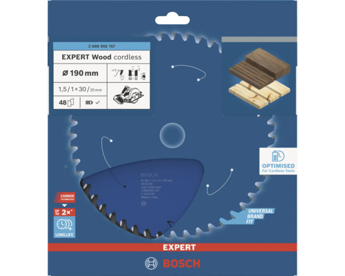 Bosch Expert Wood cordless Kreissägeblatt mit 190 Millimeter Durchmesser und 48 Zähnen für Akkuhandkreissägen in Verpackung.