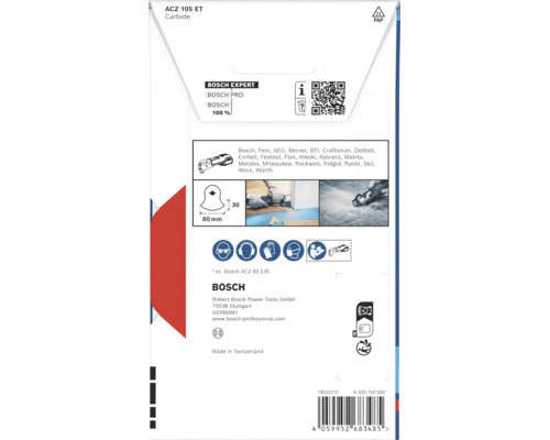 Lame segment carbure Bosch Expert ACZ 105 ET pour outil multifonction avec liste de compatibilité et instructions d'utilisation au dos.