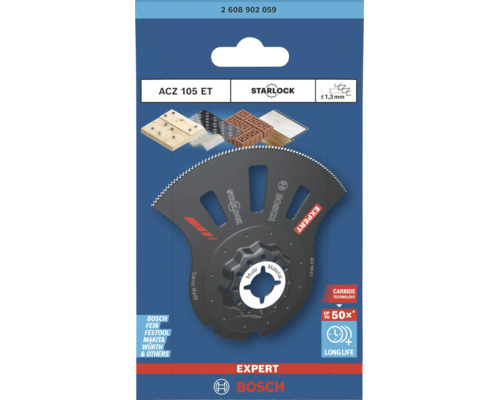 Lame de scie segment Bosch Expert ACZ 105 ET Starlock pour outils multifonctions permettant de travailler divers matériaux, sous emballage.