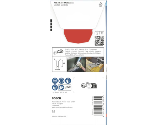 Lame de scie plongeante Bosch AIZ 20 AIT MetalMax pour outils multifonctions avec largeur de coupe de 20 millimètres et profondeur de 40 millimètres.