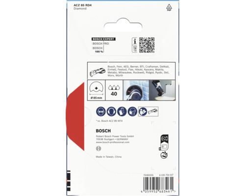 Dos de l'emballage pour une lame de scie segment diamant Bosch Expert ACZ 85 RD4 pour outil multifonction avec liste de compatibilité.