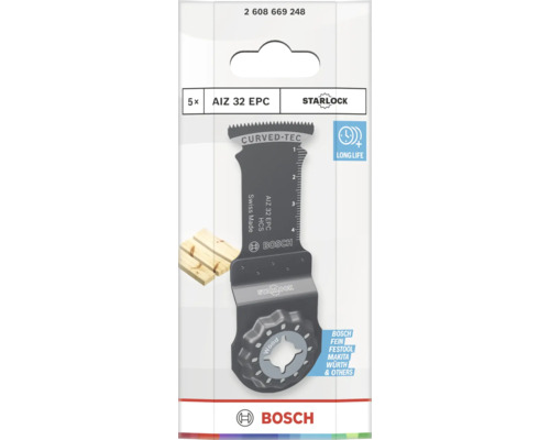 Lame de scie plongeante Bosch Starlock AIZ 32 EPC pour bois, paquet de 5 pièces, compatible avec les outils multifonctions de diverses marques.