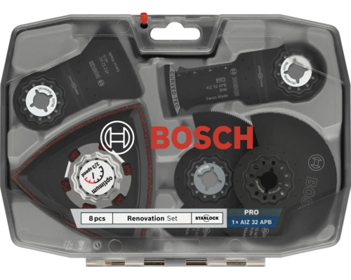 Set de rénovation Bosch Starlock avec 8 lames de scie et plateaux de ponçage pour outils multifonctions dans un coffret en plastique