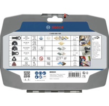 Set d accessoires pour outil multifonction Bosch avec lames de scie et feuilles abrasives dans un coffret en plastique