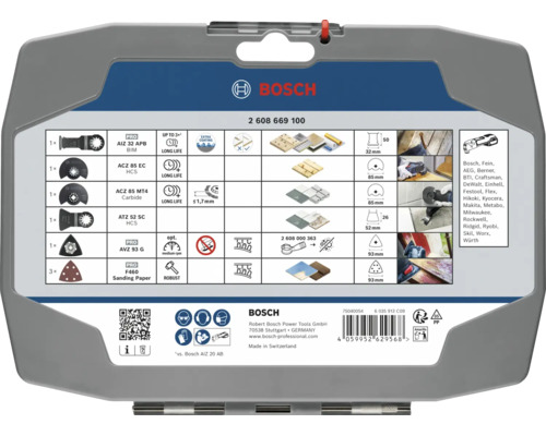 Set d accessoires pour outil multifonction Bosch avec lames de scie et feuilles abrasives dans un coffret en plastique