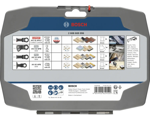 Jeu de 5 lames de scie multifonction Bosch Expert et Pro pour outil multifonction dans boite de rangement