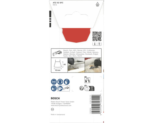 Lame de scie multifonction Bosch ATZ 52 SFC HCS pour outils multifonctions oscillants, largeur 52 millimètres, profondeur 40 millimètres.