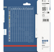 Dos de l'emballage produit d'une lame de scie Bosch Expert avec tableau de compatibilité et conseils d'utilisation pour divers matériaux.