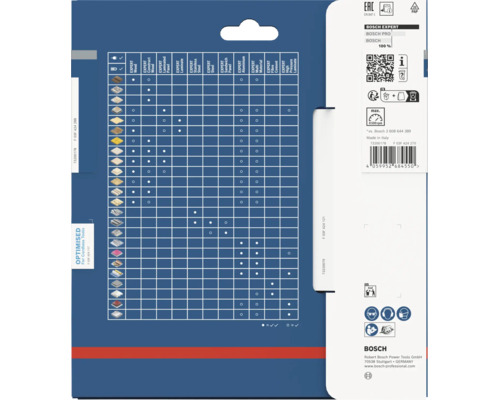 Dos de l'emballage produit d'une lame de scie Bosch Expert avec tableau de compatibilité et conseils d'utilisation pour divers matériaux.