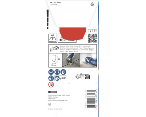Bosch Carbide Schleifplatte AVZ 32 RT10 für Multi-Cutter Werkzeuge mit Informationen zur Anwendung und Kompatibilität auf der Verpackung