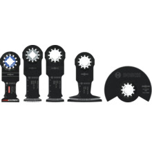 Ensemble de cinq lames de scie plongeante et une lame segment Bosch Starlock pour outils multifonctions pour le bois et le métal.