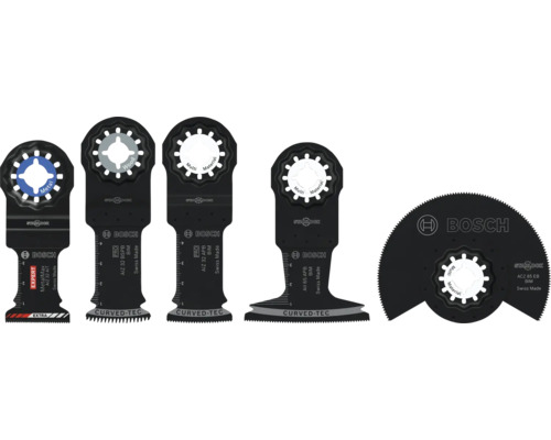 Ensemble de cinq lames de scie plongeante et une lame segment Bosch Starlock pour outils multifonctions pour le bois et le métal.