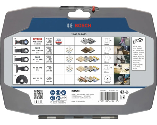 Jeu de lames de scie multifonction Bosch Starlock, 5 pièces, pour divers matériaux et applications, dans un coffret système en plastique.