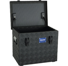 Geöffnete Aluminium Transportbox aus Riffelblech mit Tragegriffen und Alutec München Logo
