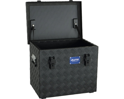 Geöffnete Aluminium Transportbox aus Riffelblech mit Tragegriffen und Alutec München Logo